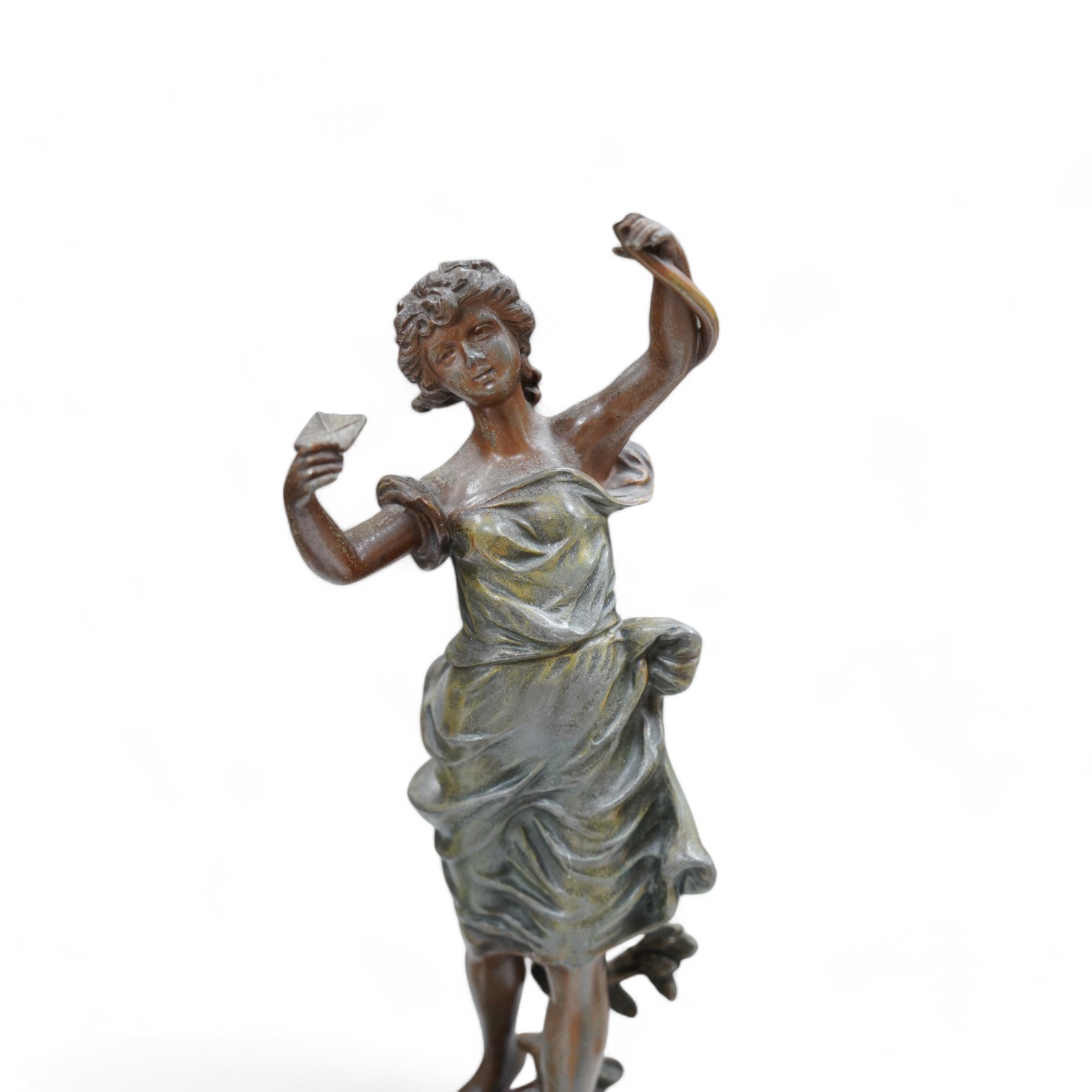 After Guillemin (1841-1907), a pair of spelter figural lamps with frosted glass shades, overall 61cm high. Condition - poor to fair, damage to glass